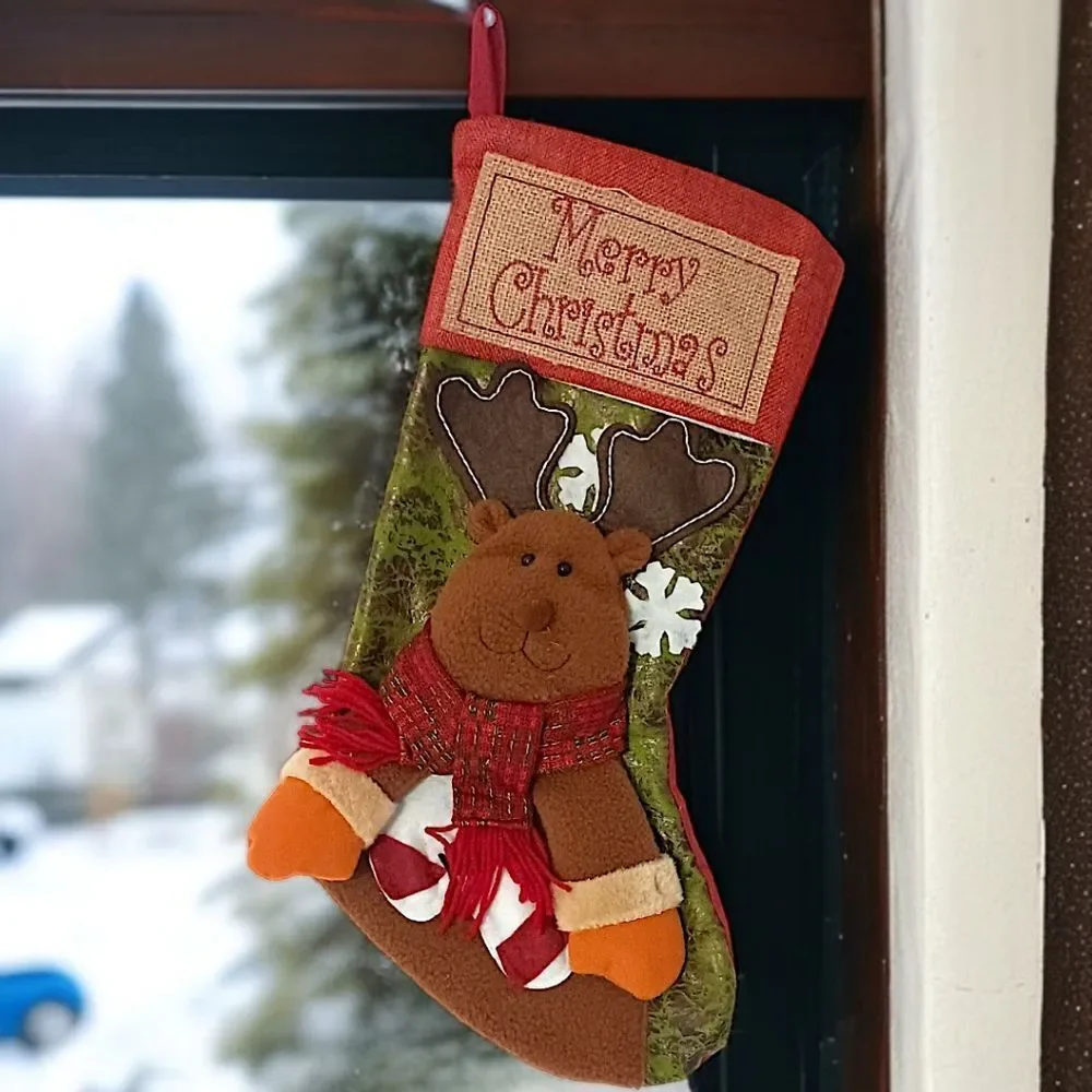 Reindeer‎ Moose Christmas Stocking Plush Folk Art Cabin Rustic Farmhouse Holiday